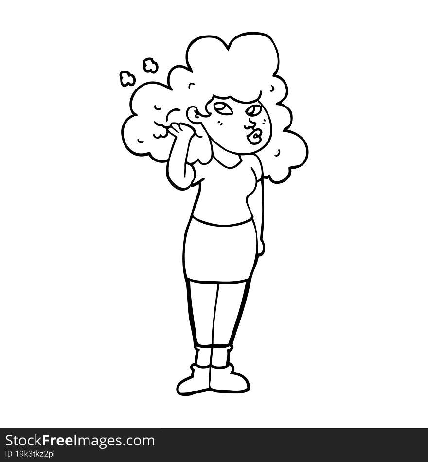 line drawing cartoon girl playing with hair