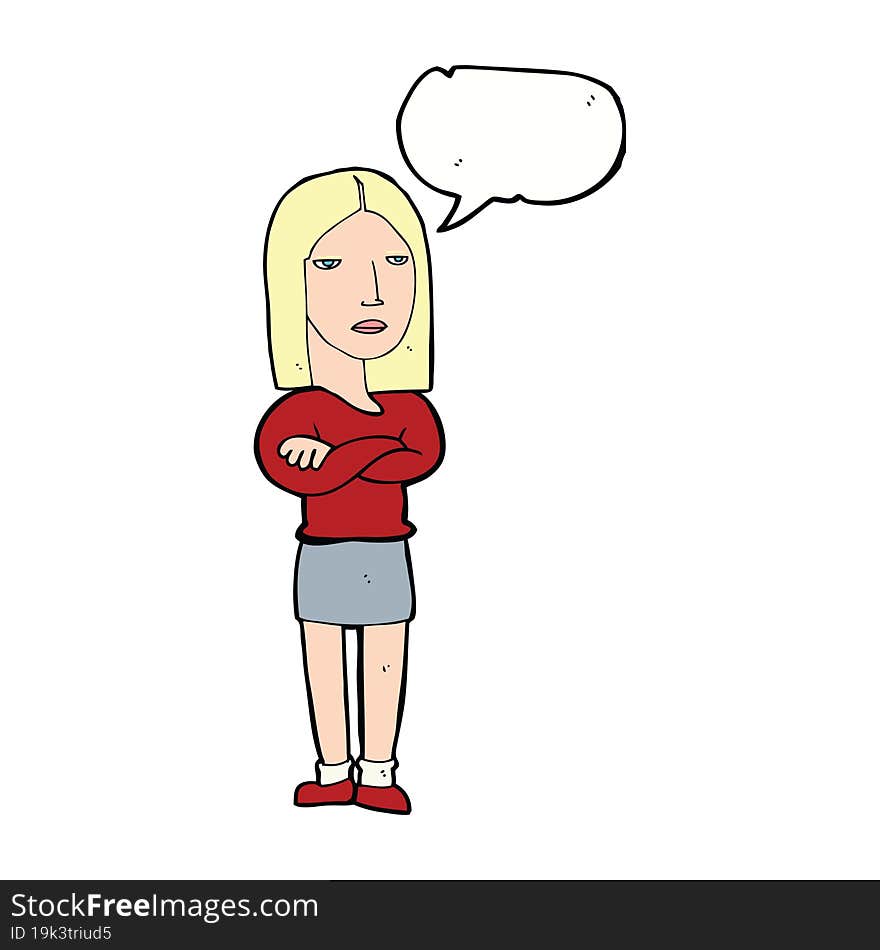 cartoon woman with folded arms with speech bubble