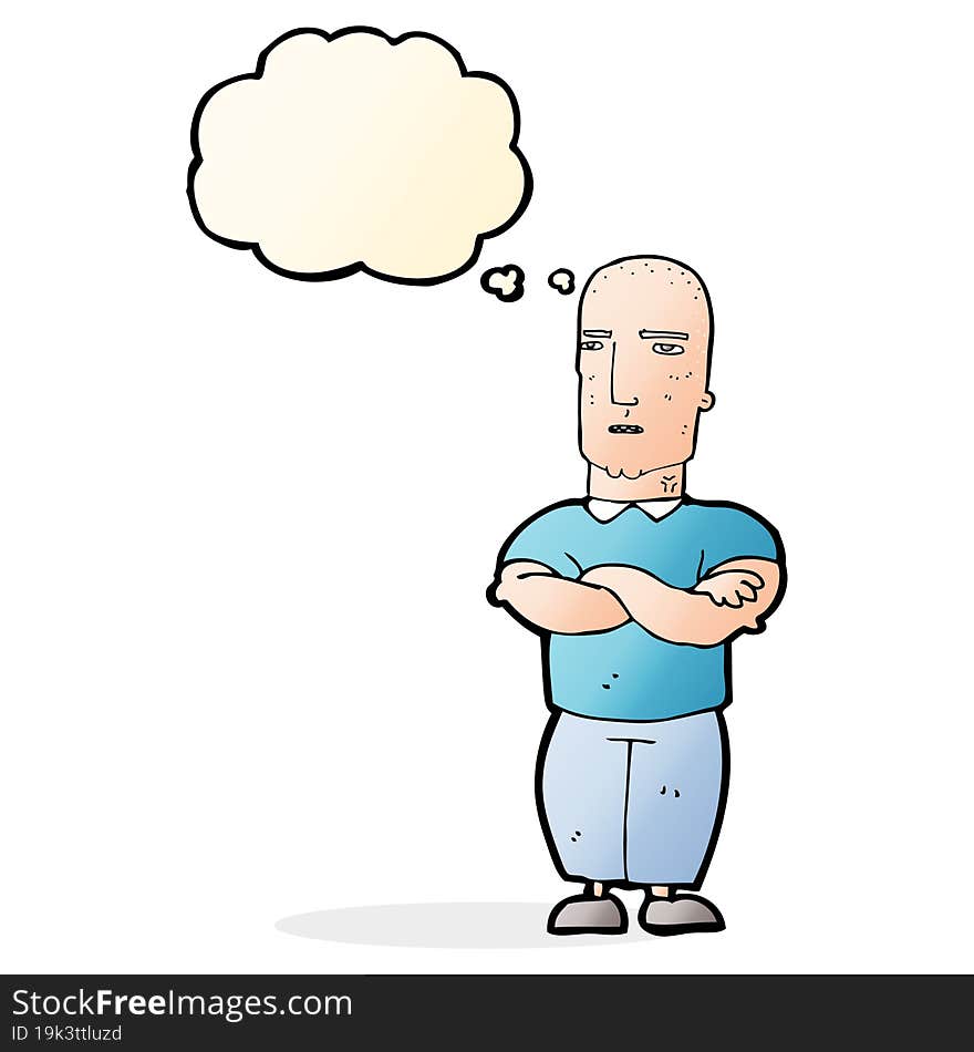 cartoon annoyed bald man with thought bubble