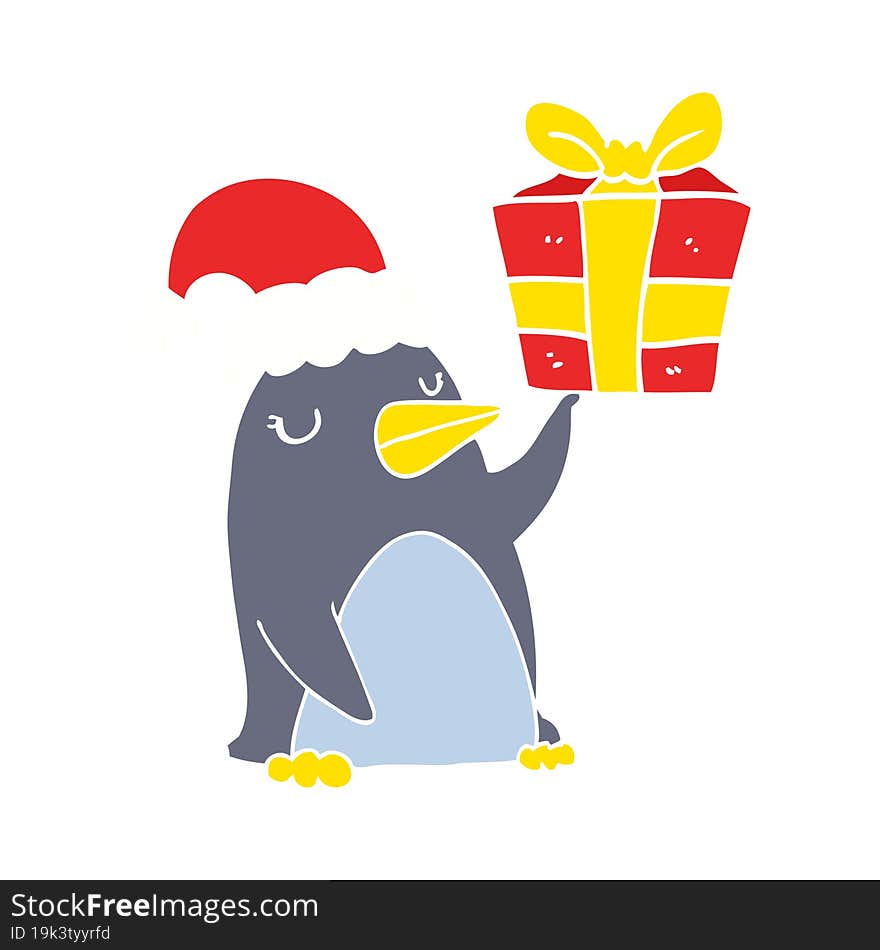 flat color style cartoon penguin with christmas present