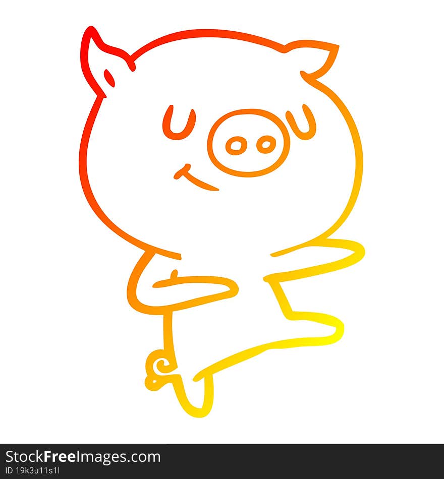 Warm Gradient Line Drawing Happy Cartoon Pig Dancing