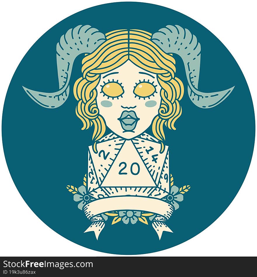 Retro Tattoo Style tiefling with natural 20 D20 roll. Retro Tattoo Style tiefling with natural 20 D20 roll