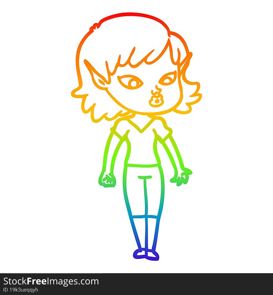 rainbow gradient line drawing of a pretty cartoon elf girl