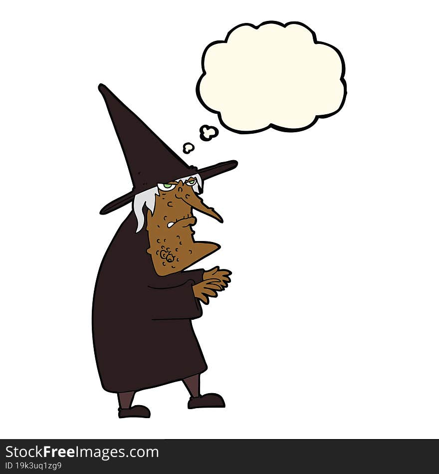 cartoon ugly old witch with thought bubble