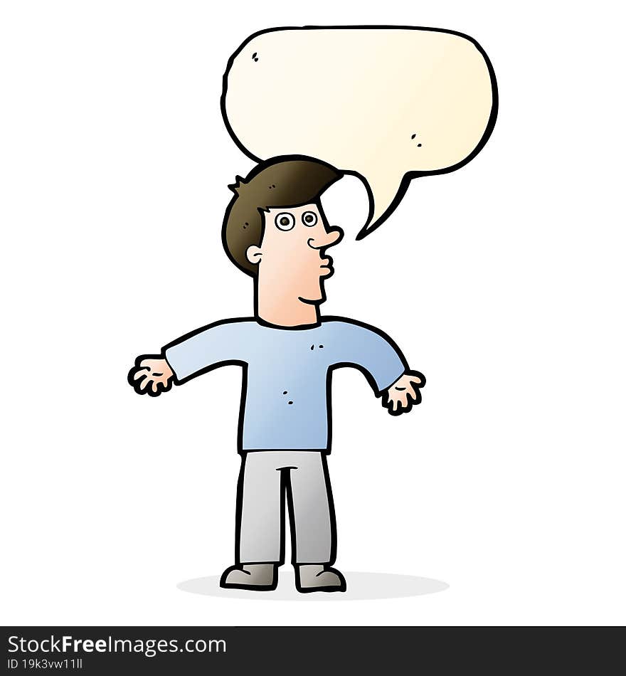 cartoon man shrugging shoulders with speech bubble