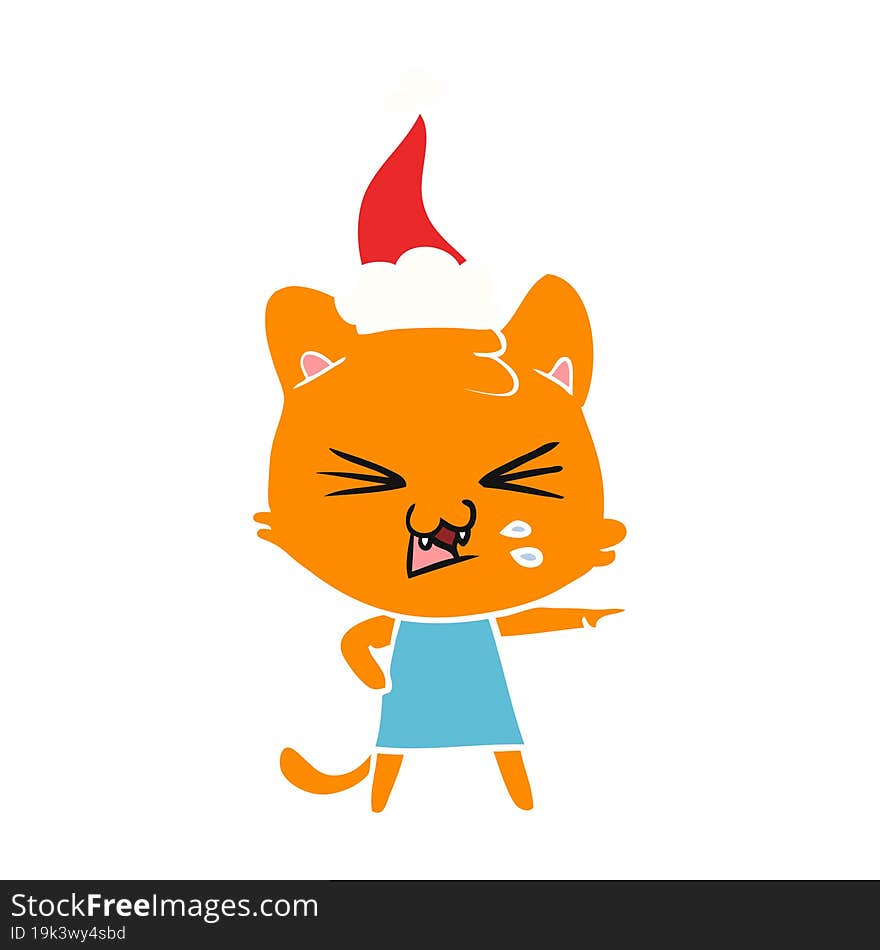 flat color illustration of a hissing cat wearing santa hat