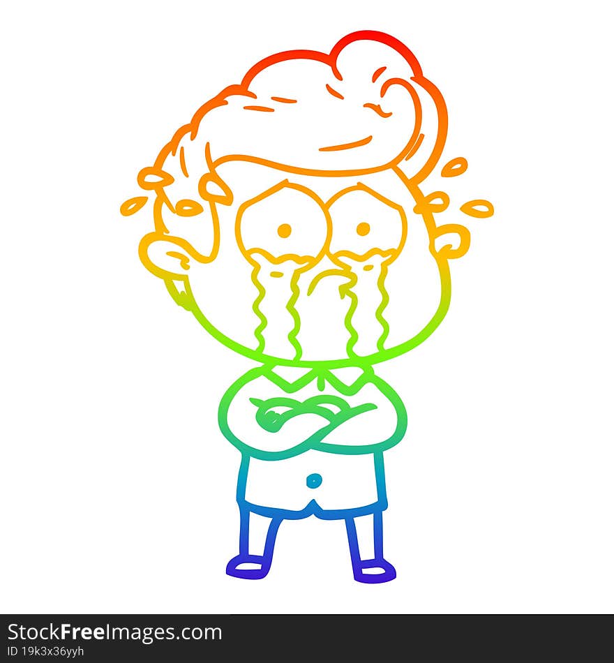 rainbow gradient line drawing of a cartoon crying man with crossed arms