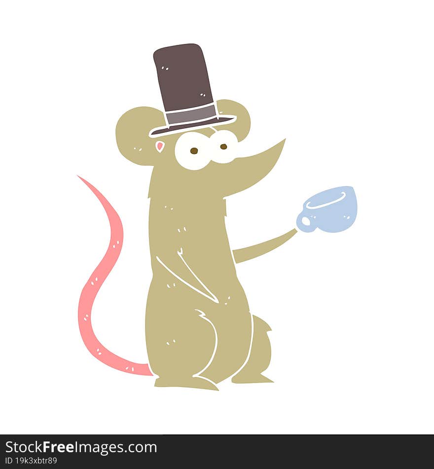 flat color illustration of mouse with cup and top hat. flat color illustration of mouse with cup and top hat