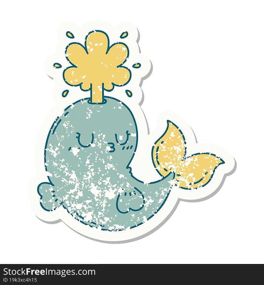 grunge sticker of tattoo style happy squirting whale character