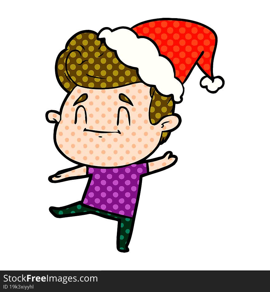 happy comic book style illustration of a man wearing santa hat