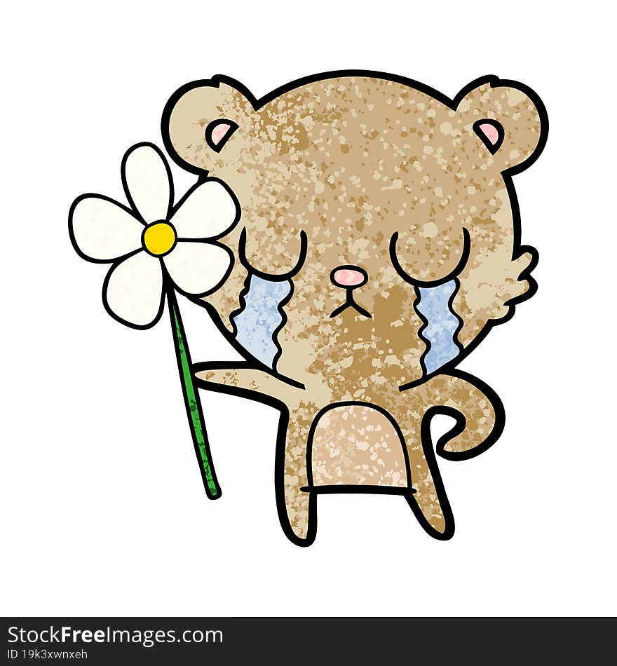 crying cartoon bear with flower. crying cartoon bear with flower