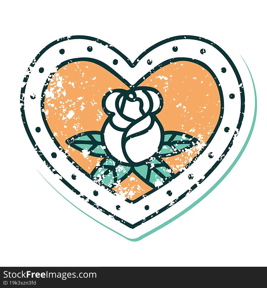 iconic distressed sticker tattoo style image of a heart and flowers. iconic distressed sticker tattoo style image of a heart and flowers