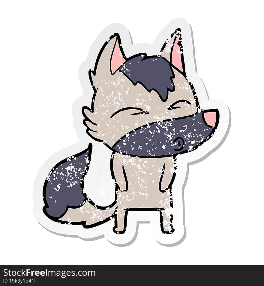 distressed sticker of a cartoon wolf pouting