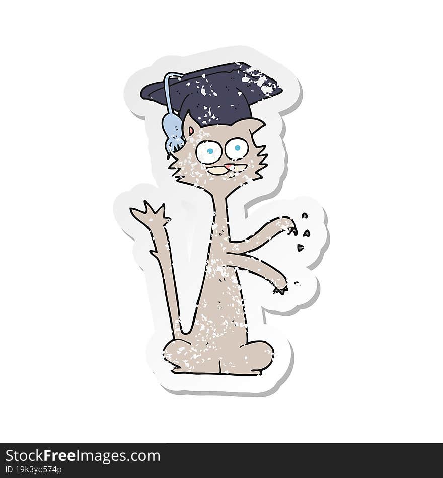 retro distressed sticker of a cartoon cat with graduation cap