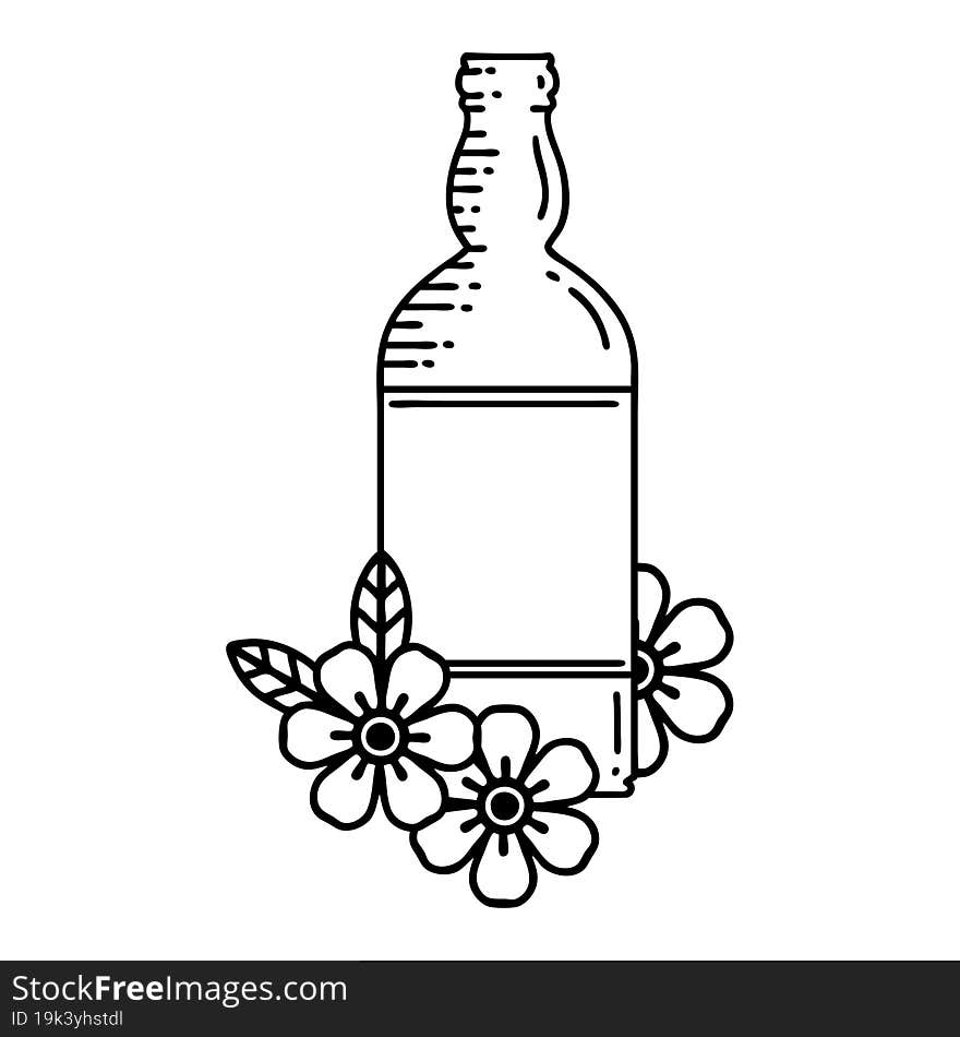 black line tattoo of a rum bottle and flowers