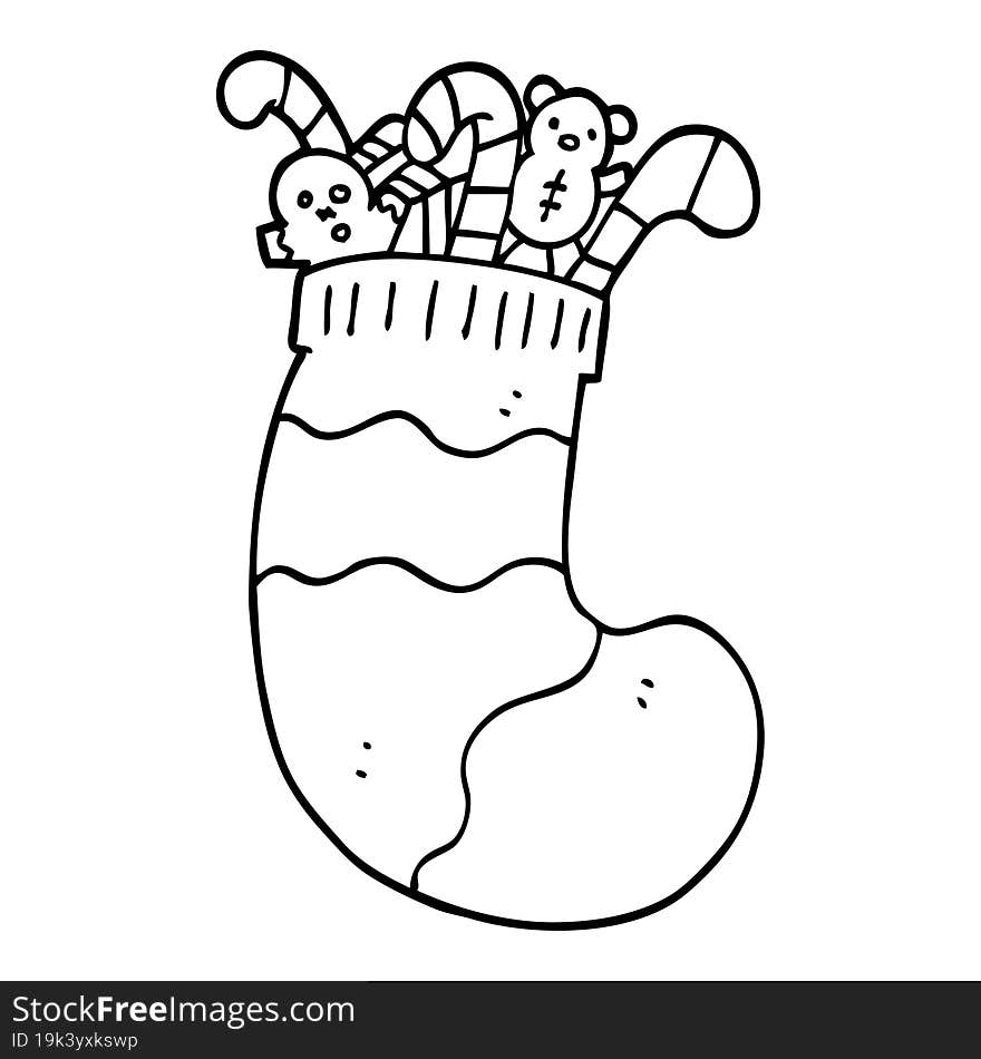 line drawing cartoon christmas stocking full of toys