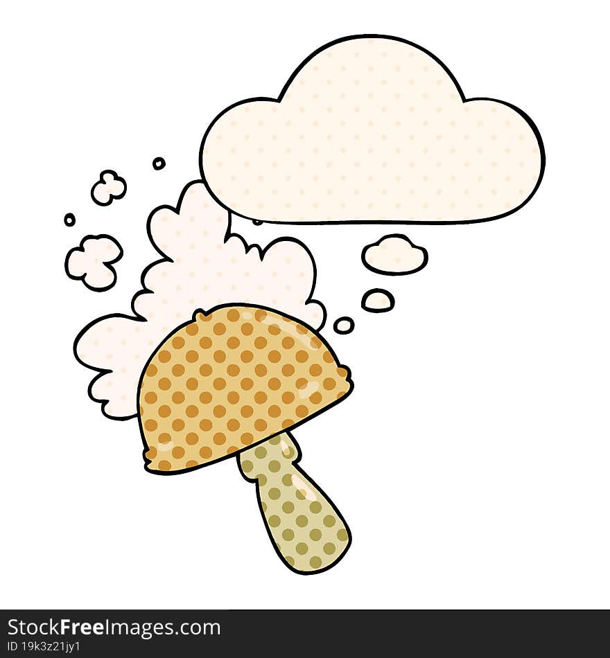 cartoon mushroom with spore cloud and thought bubble in comic book style