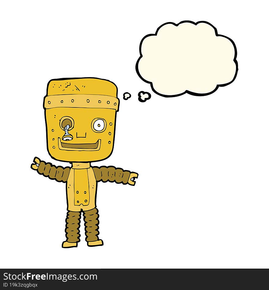 cartoon funny gold robot with thought bubble