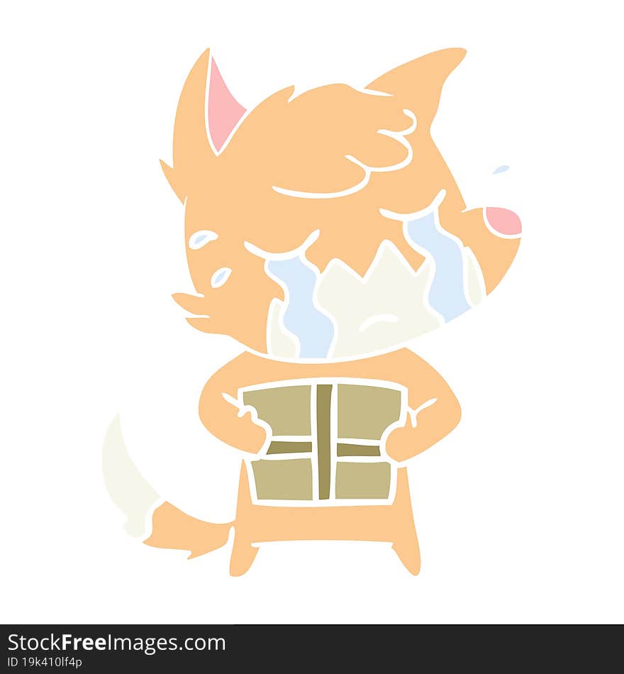 crying fox flat color style cartoon with parcel