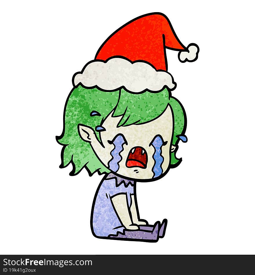 hand drawn textured cartoon of a crying vampire girl wearing santa hat