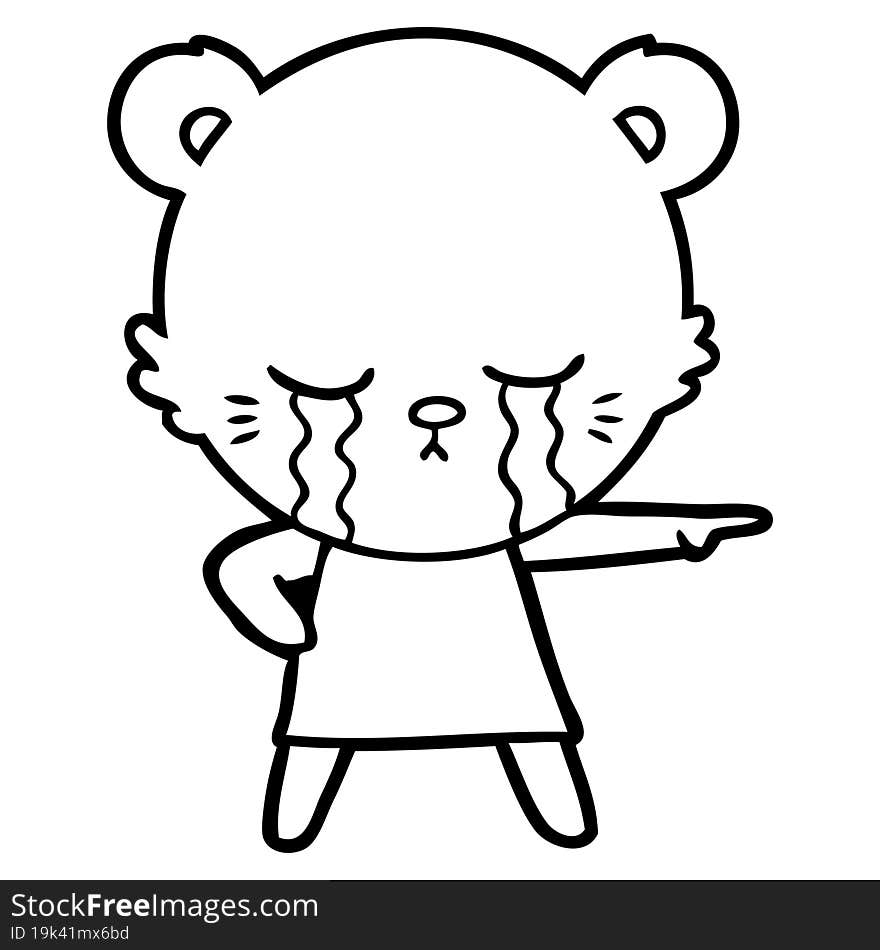 crying cartoon bear in dress pointing. crying cartoon bear in dress pointing