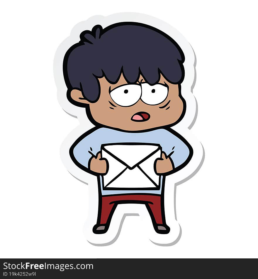 Sticker Of A Cartoon Exhausted Boy With Letter