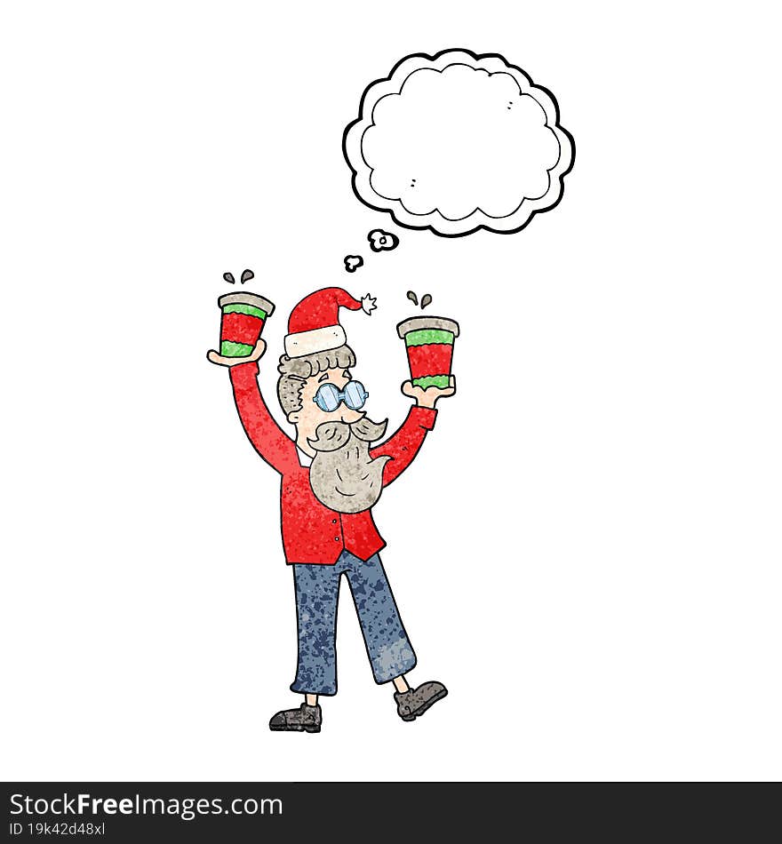 thought bubble textured cartoon man with coffee cups at christmas