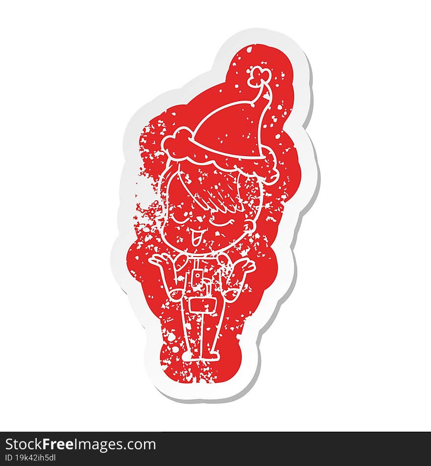 happy cartoon distressed sticker of a girl in space suit wearing santa hat