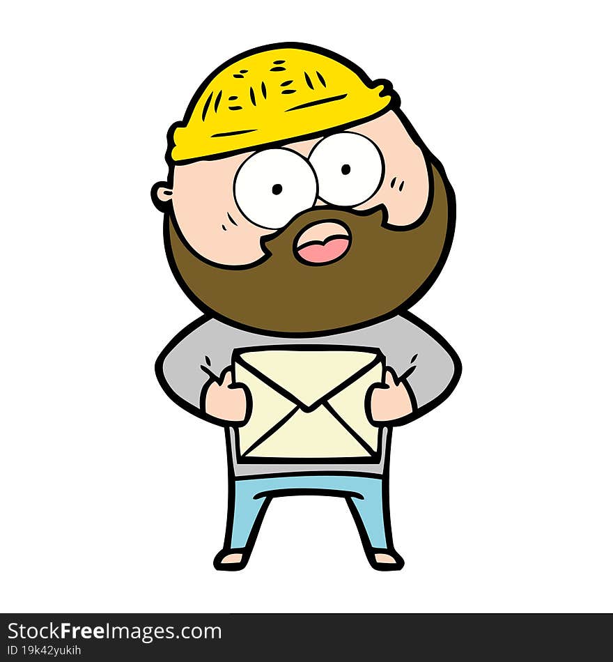 cartoon surprised bearded man holding letter. cartoon surprised bearded man holding letter