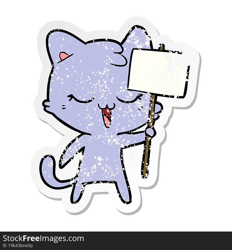 distressed sticker of a happy cartoon cat