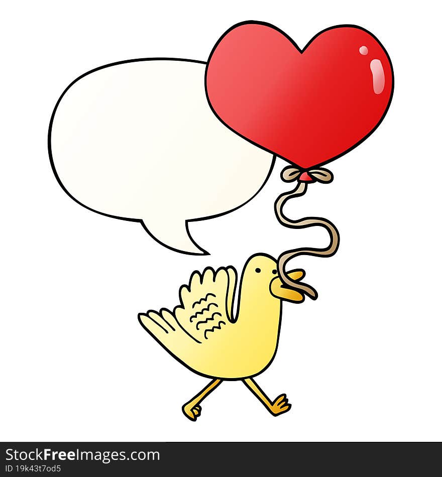 cartoon bird and heart balloon and speech bubble in smooth gradient style