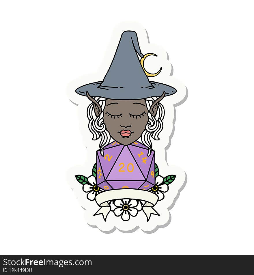 elf mage character with natural twenty dice roll sticker