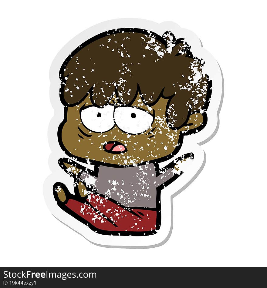 distressed sticker of a cartoon exhausted boy