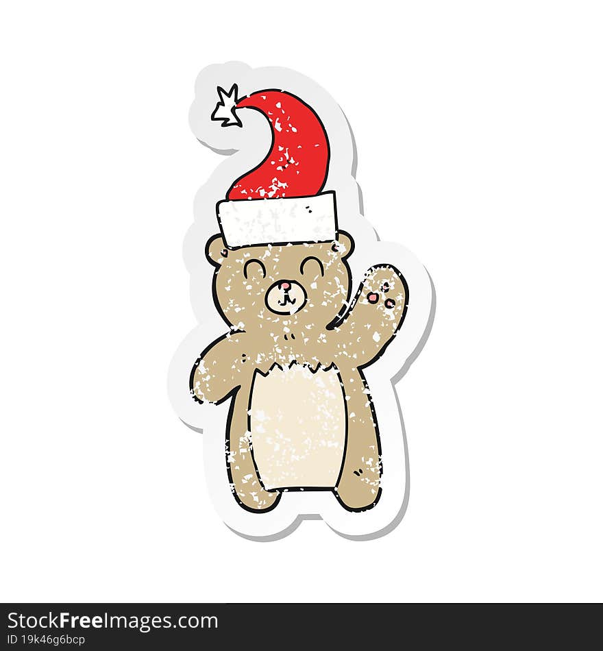 retro distressed sticker of a cartoon teddy bear waving