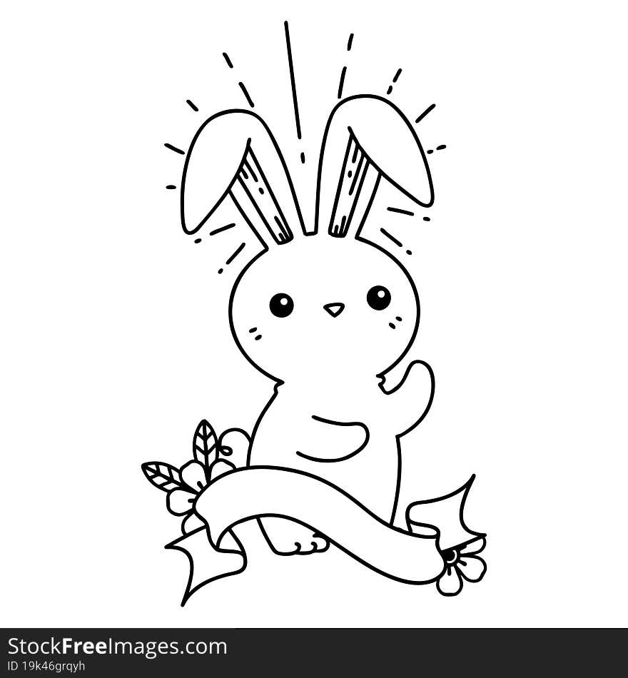 banner with black line work tattoo style cute bunny