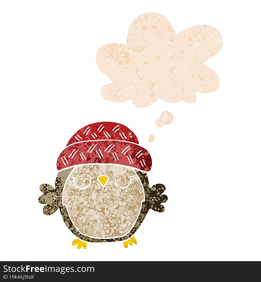 cute cartoon owl in hat and thought bubble in retro textured style