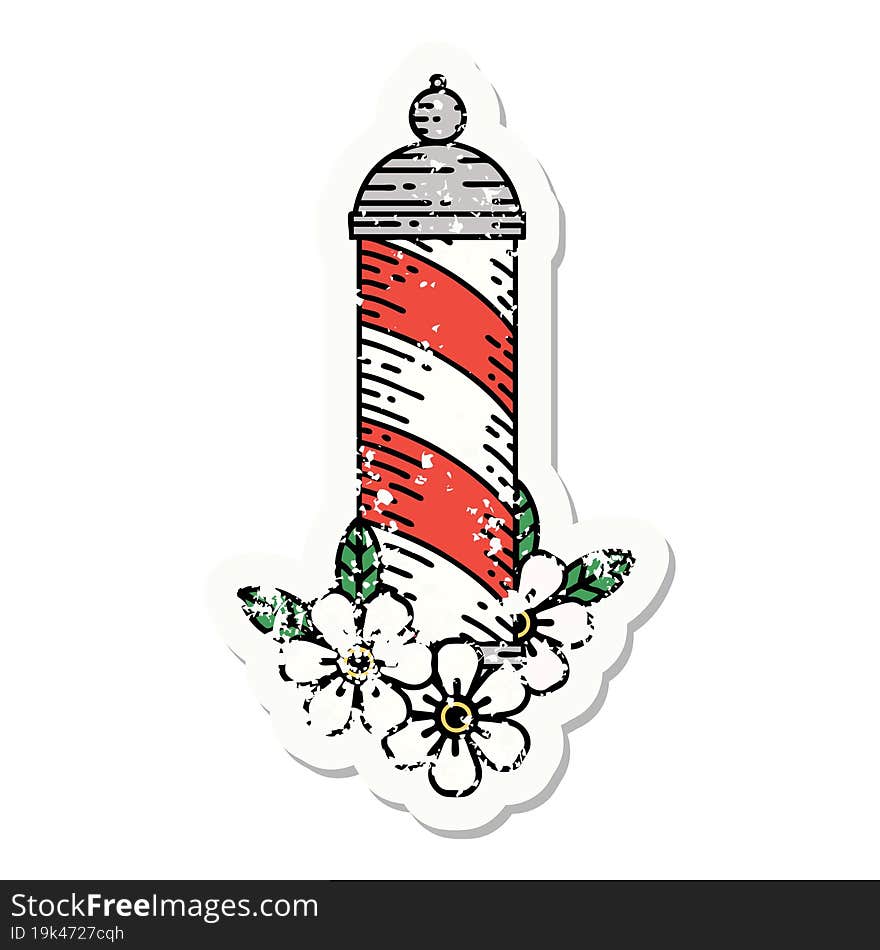 Traditional Distressed Sticker Tattoo Of A Barbers Pole