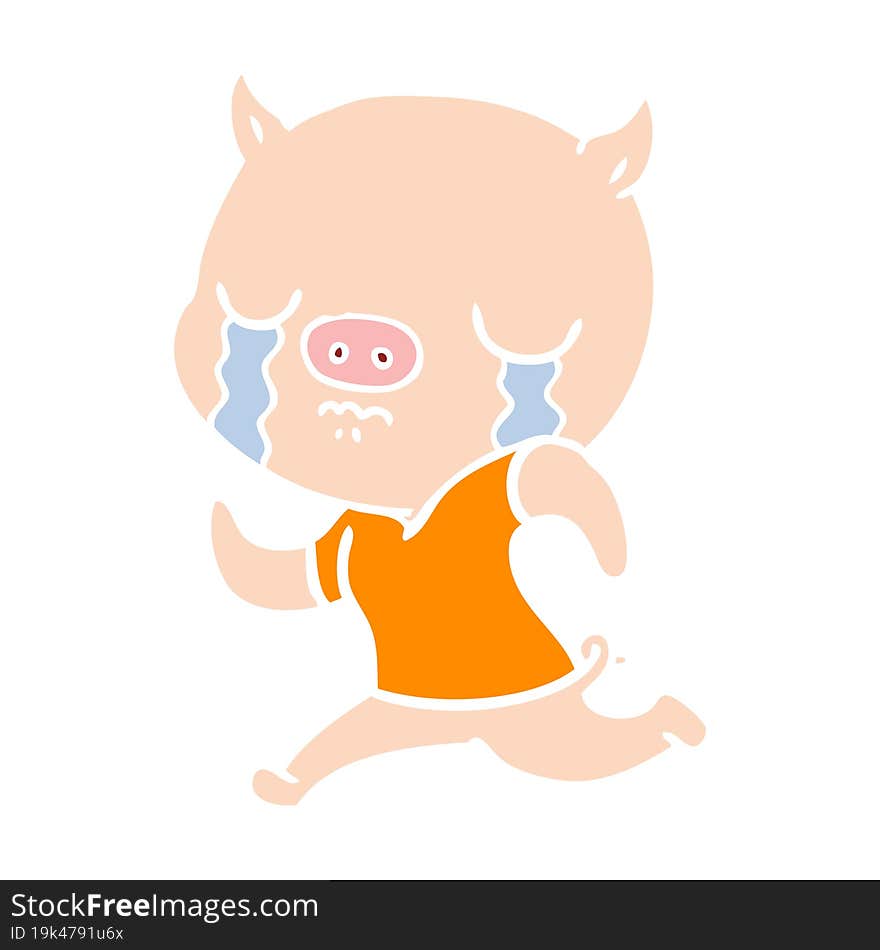 flat color style cartoon pig crying running away