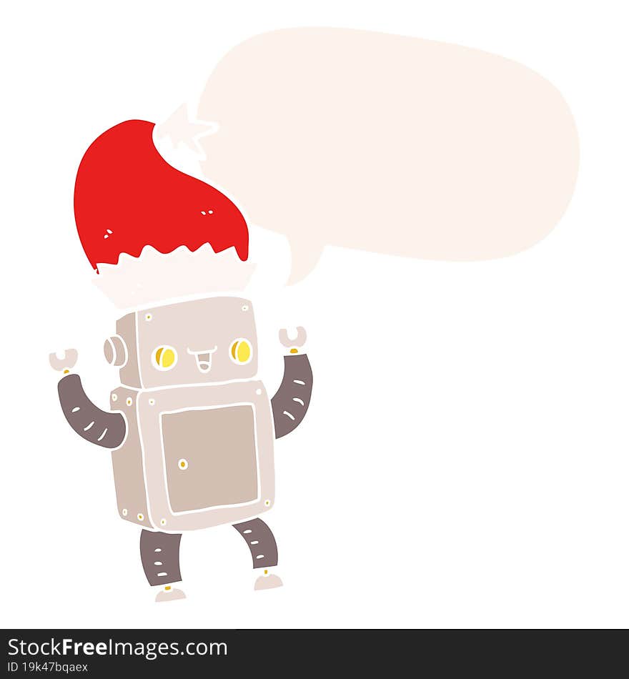 Cartoon Christmas Robot And Speech Bubble In Retro Style