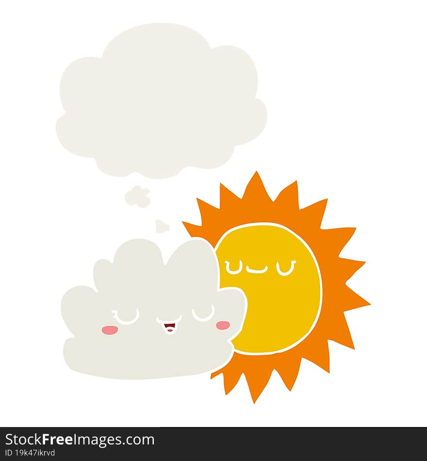 cartoon sun and cloud with thought bubble in retro style