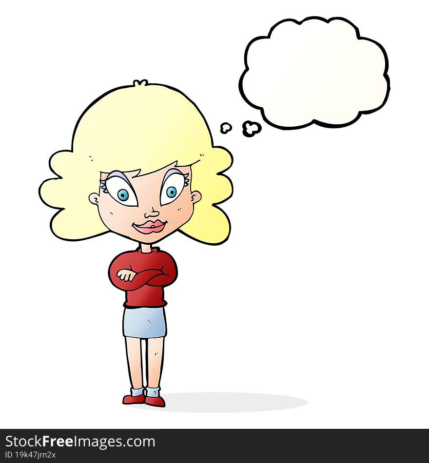 cartoon happy woman with folded arms with thought bubble