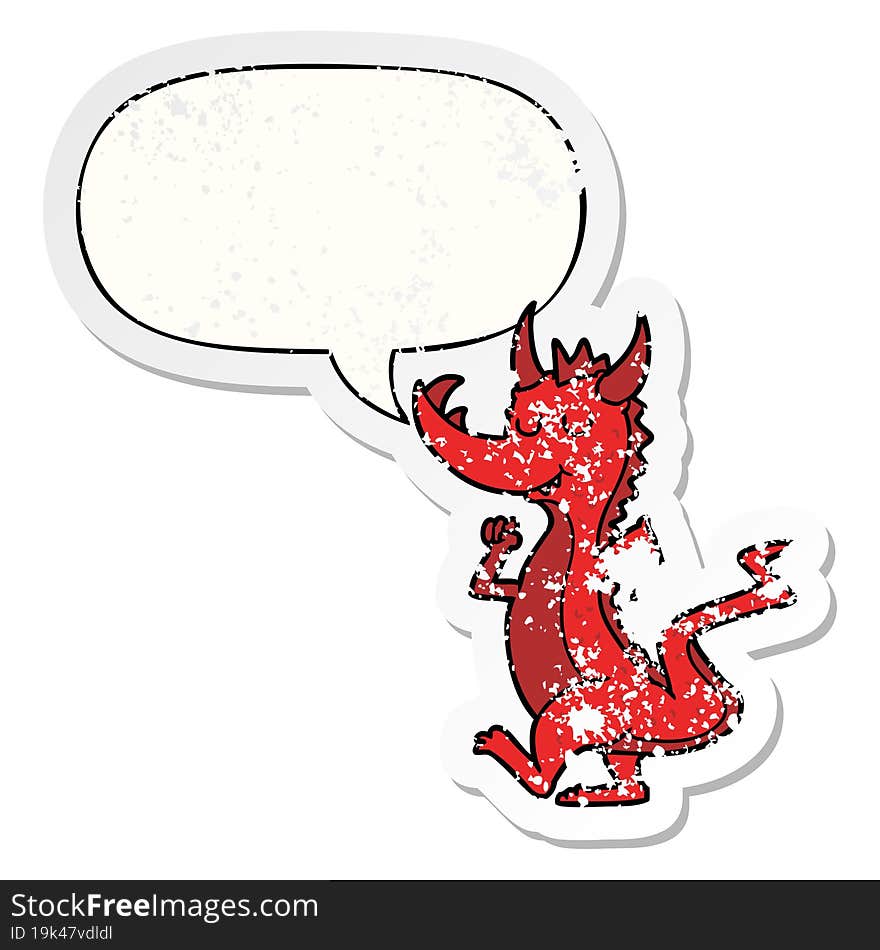cartoon cute dragon with speech bubble distressed distressed old sticker. cartoon cute dragon with speech bubble distressed distressed old sticker