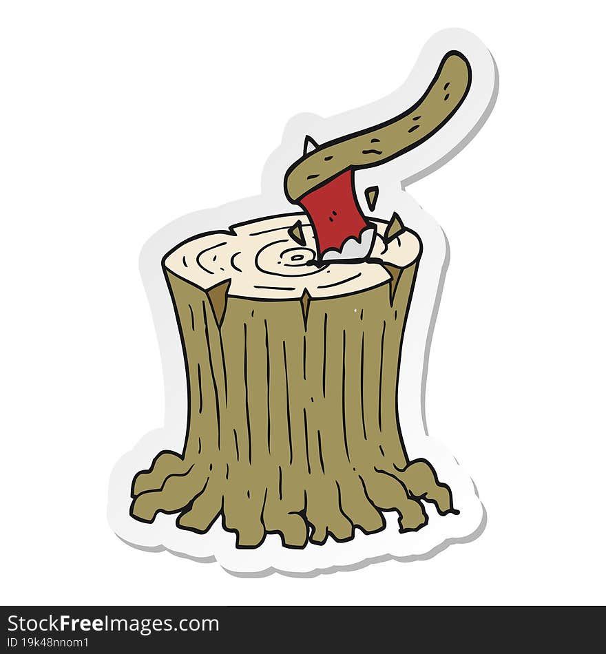 Sticker Of A Cartoon Axe In Tree Stump