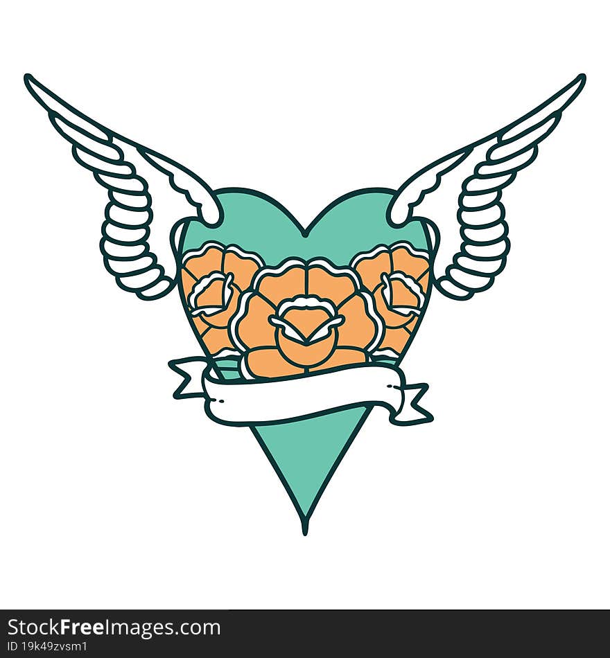 Tattoo Style Icon Of A Heart With Wings And Banner