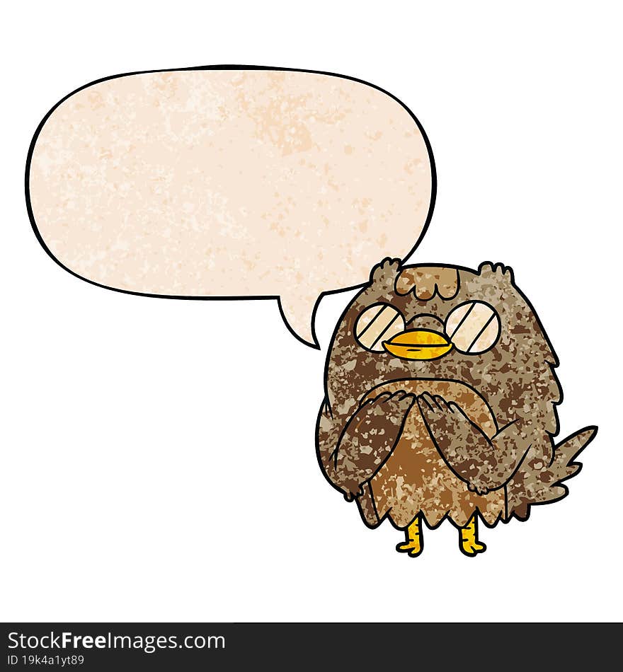 cute cartoon wise old owl and speech bubble in retro texture style