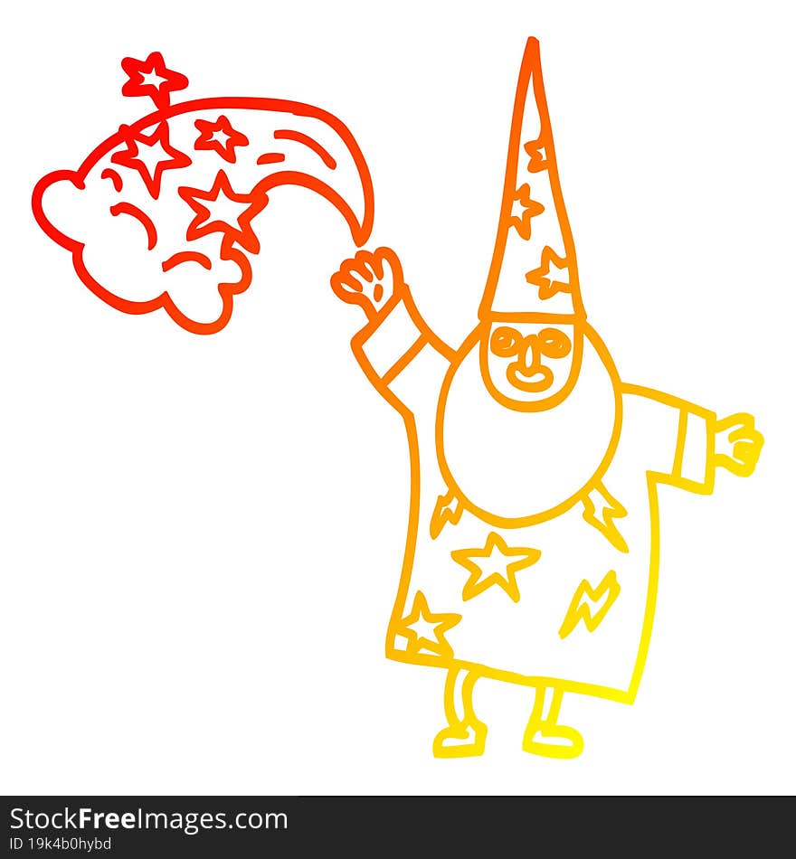 warm gradient line drawing of a cartoon wizard casting spell