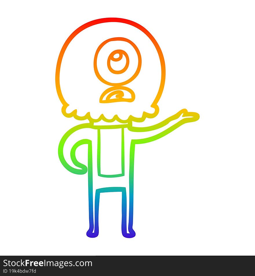 rainbow gradient line drawing of a cartoon cyclops alien spaceman explaining