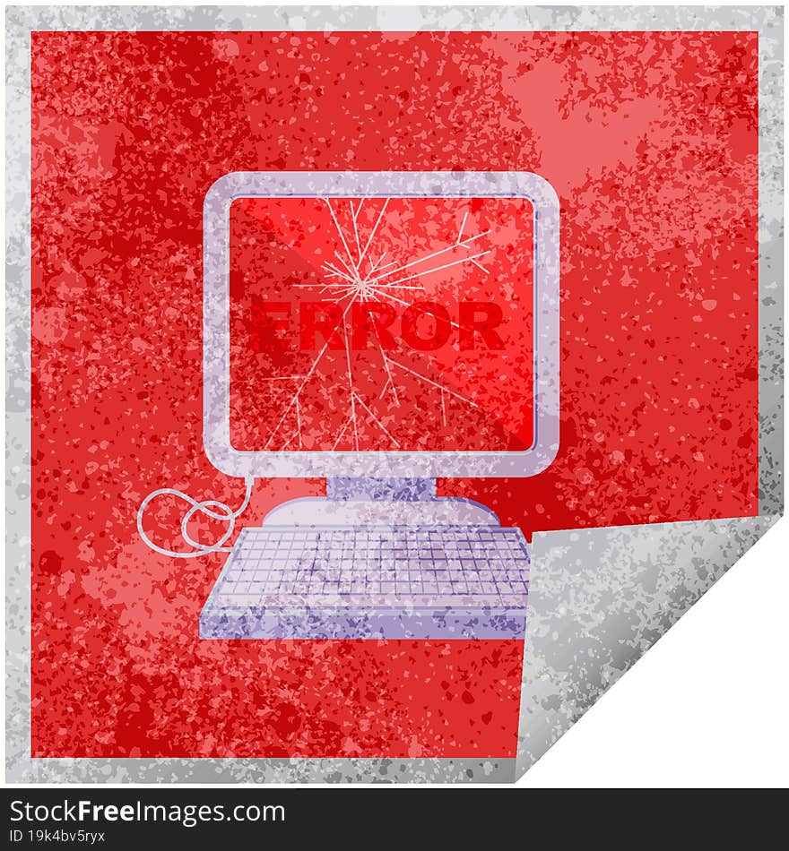 broken computer graphic vector illustration square sticker. broken computer graphic vector illustration square sticker