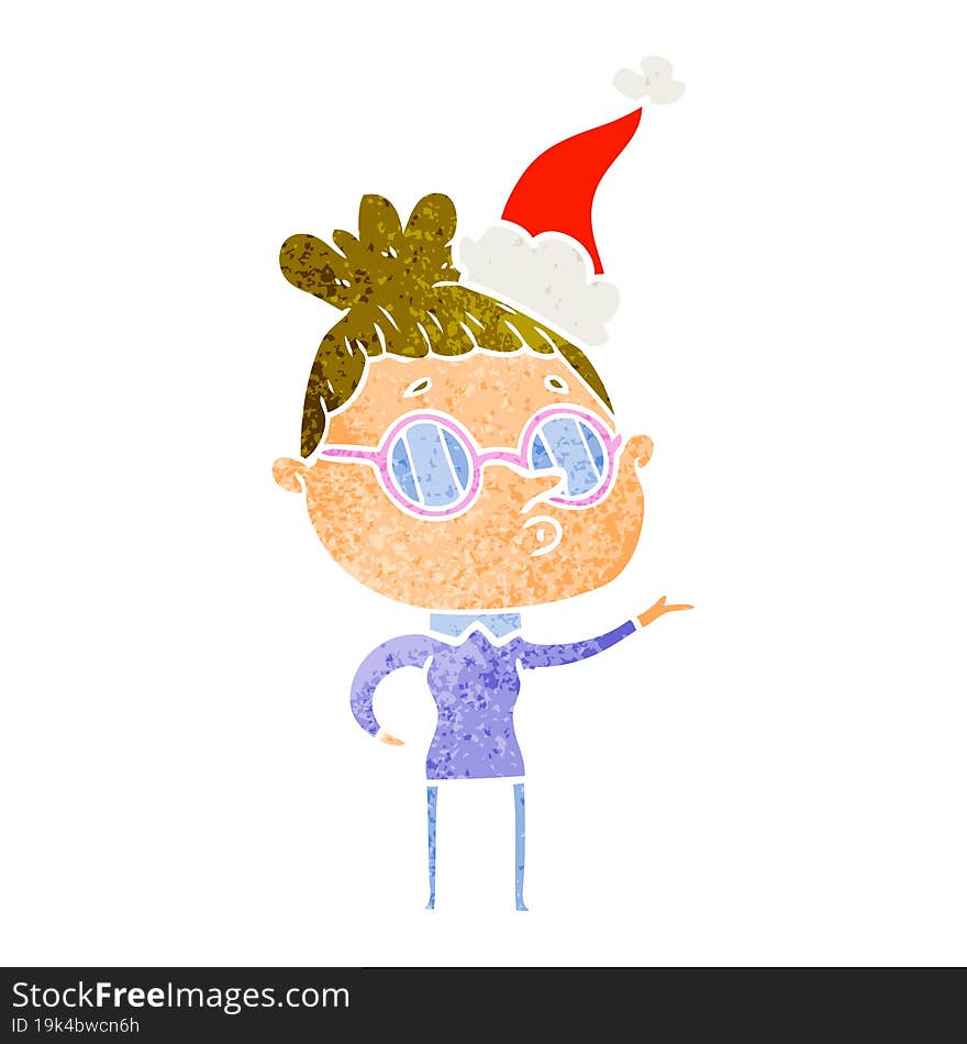 Retro Cartoon Of A Woman Wearing Glasses Wearing Santa Hat