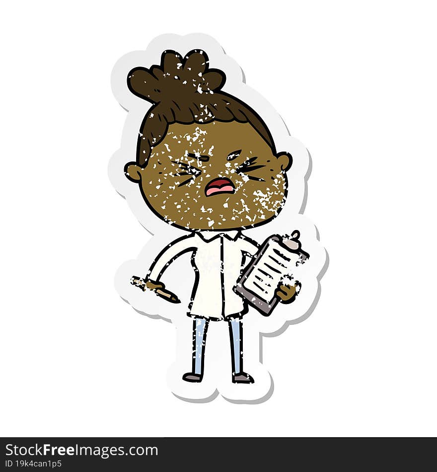 distressed sticker of a cartoon angry woman